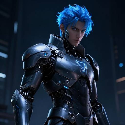 CGI image of a blue-haired, muscular man in sleek, black, futuristic armor with glowing accents, standing in a dark, high-tech setting.