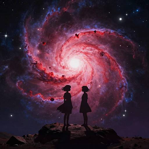 Silhouetted Girls on Cosmic Planet