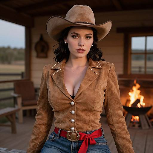 Photograph of a woman with dark hair, wearing a brown suede cowboy hat, low-cut brown suede jacket with silver studs, and blue jeans with a