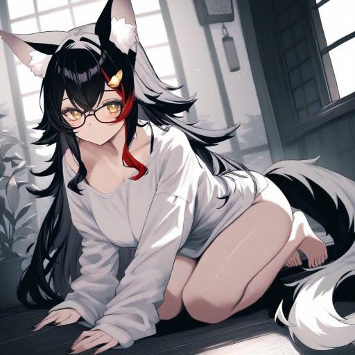 Monochrome Wolf Girl with Unique Hair