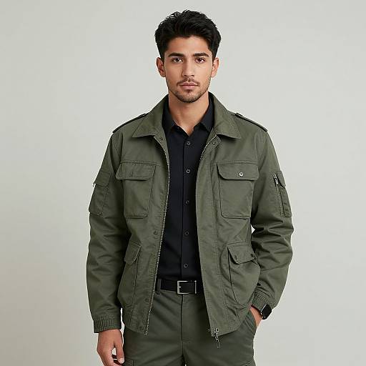 Photograph of a handsome, dark-haired man with medium skin tone, wearing an olive green military-style jacket over a black shirt, standing against a plain