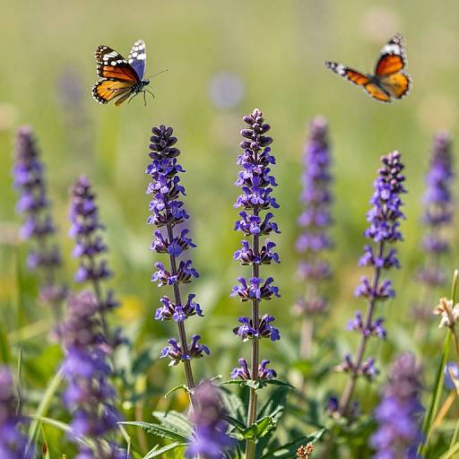 Photograph of two vibrant orange butterflies with black and white patterns, fluttering around tall, blooming purple lavender flowers in a sunlit meadow.