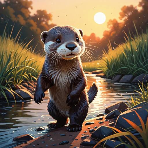 Whimsical Otter at Sunset Riverbank