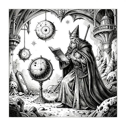 Arcane Mage Studying Celestial Artifacts