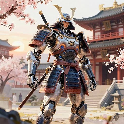 Robotic Samurai Portrait at Sunset Temple