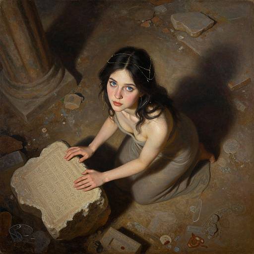 Digital painting of a pale-skinned, dark-haired woman with blue eyes, wearing a beige dress, kneeling on a dark, rocky floor, touching an