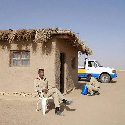 Desert Scene with Two Men and Adobe Building