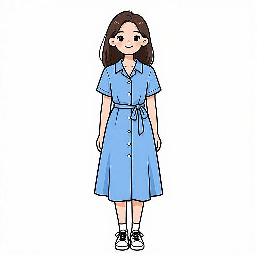 Digital illustration of a cute Asian woman with straight black hair, wearing a blue button-up dress with a belt, and white sneakers, standing against a plain
