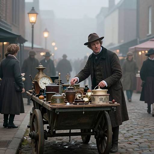 Victorian Peddler in Foggy Market