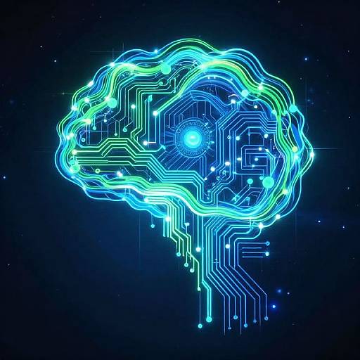 Digital art of a glowing, neon blue and green brain with intricate circuit lines and bright sparks against a dark, starry background.