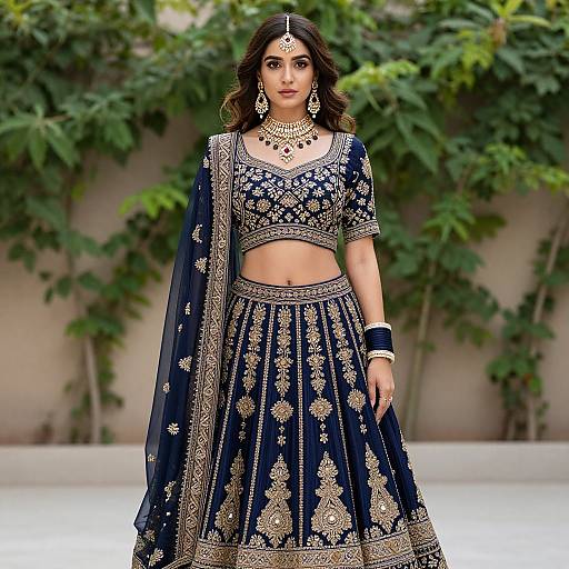 Photograph of a South Asian woman in a navy blue lehenga with gold embroidery, wearing a maang tikka, chandelier earrings, and b