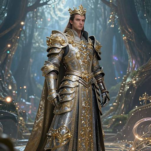 Photorealistic CGI of a handsome man in ornate, silver and gold medieval armor with intricate designs, crowned, standing in a mystical, glowing forest