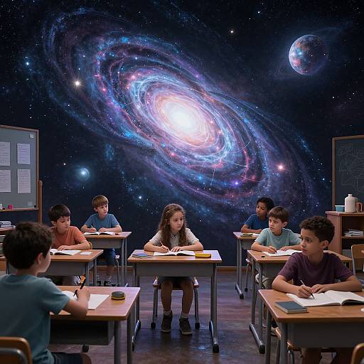 Photograph of six children sitting at desks in a classroom with a vibrant, colorful galaxy and planet mural on the wall.
