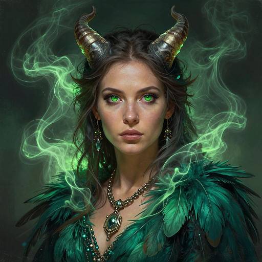 Digital artwork of a green-eyed, dark-haired woman with black horns, green smoke, and a green feathered cloak, wearing a gemstone necklace.