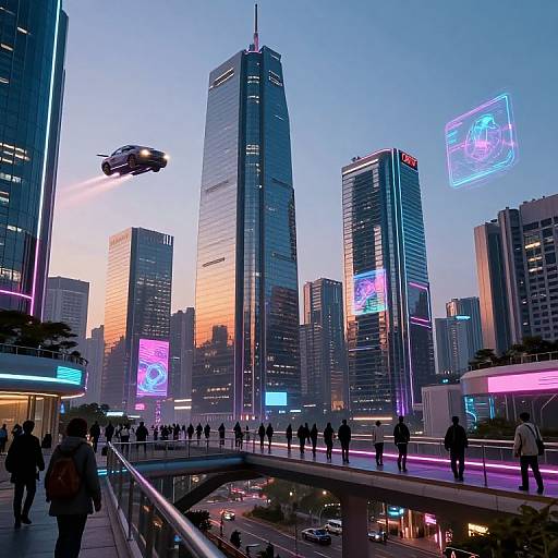 Neon-lit futuristic cityscape at dusk, tall skyscrapers, flying drone, glowing holograms, pedestrians on elevated walkway, illuminated buildings