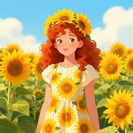 Digital illustration of a smiling young girl with curly red hair, wearing a sunflower dress and headband, standing in a vibrant sunflower field under a