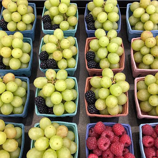 Photograph of colorful plastic baskets filled with green grapes, blackberries, raspberries, and blueberries, arranged in a grid pattern.