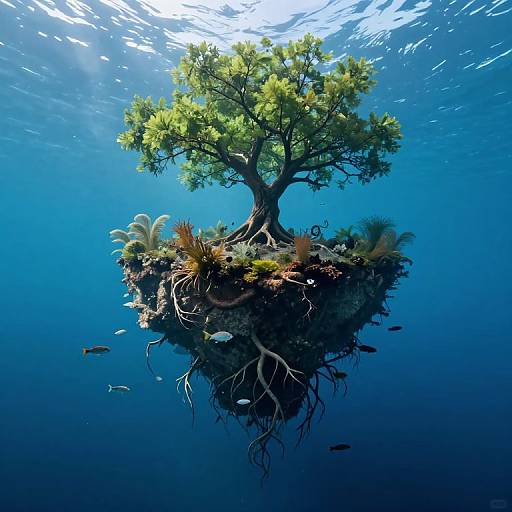 Photograph of a floating island with a green tree, surrounded by underwater plants, root system exposed, small fish swimming, and sunlight filtering through blue water