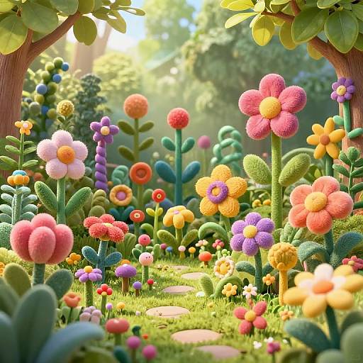 Whimsical digital artwork of a vibrant, colorful garden with fluffy, textured flowers and greenery, bathed in sunny, dappled light.