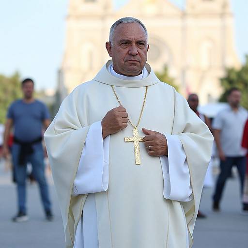 Photograph of an elderly Catholic priest with short gray hair, wearing a white robe and gold cross necklace, standing outdoors with blurred people in the background.
