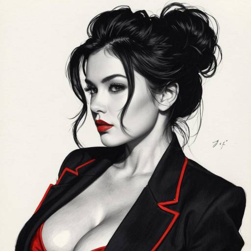 Stylized Portrait of Woman with Black Hair and Red Accents