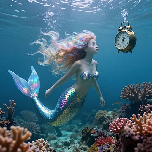 Photorealistic underwater scene: mermaid with iridescent scales and flowing blonde hair, wearing a shiny silver top, swimming beside a floating antique alarm