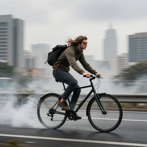 Photograph of a long-haired man in a brown jacket and black pants riding a black bicycle with visible tire smoke, against a blurred urban cityscape background