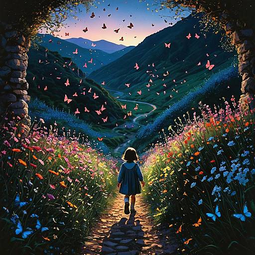 Child Entering Magical Valley with Butterflies