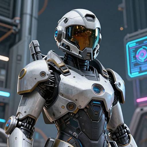 Photorealistic CGI of a futuristic white and black armored astronaut with a reflective visor, standing in a high-tech, neon-lit facility.