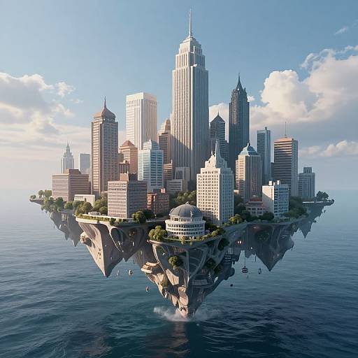 Photorealistic CGI of a futuristic floating city with skyscrapers, greenery, and waterfalls, suspended above a calm ocean under a clear blue
