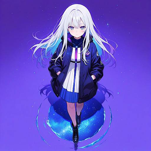 White-Haired Girl Under Starry Water Reflection
