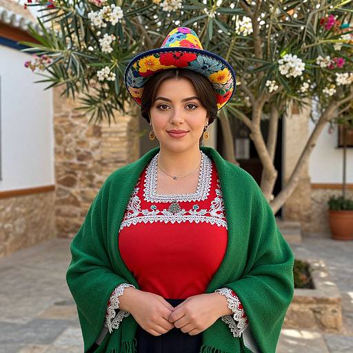 Photograph of a smiling woman with olive skin, dark hair, wearing a colorful Mexican hat, green shawl, red blouse with white lace, standing