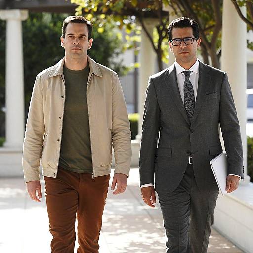 Two Men Walking Outdoors under Pergola