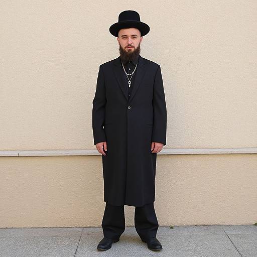 Photograph of a bearded man with a black hat and long black coat, standing against a plain white wall, wearing black shoes and a silver chain