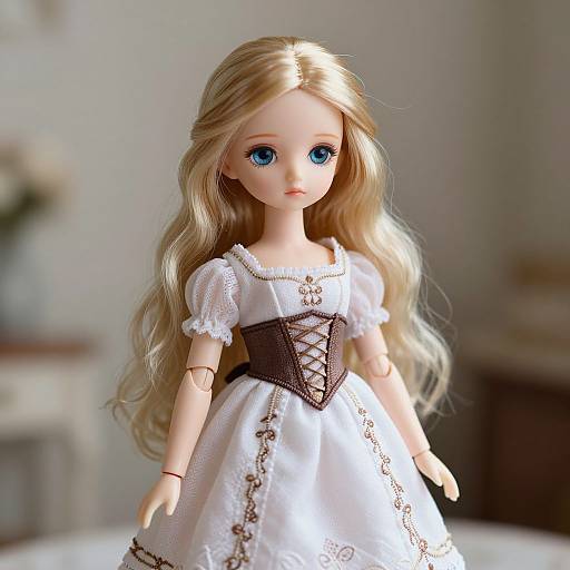 Photograph of a blonde, blue-eyed doll in a white, lace-trimmed dress with a brown corset bodice, standing in a softly