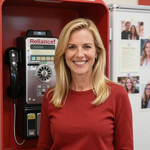 Smiling Woman by Payphone and Fridge