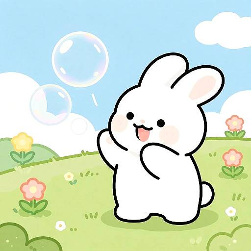 Cute digital drawing of a white, chibi-style bunny with a pink nose and blush, standing in a bright, sunny meadow with flowers and