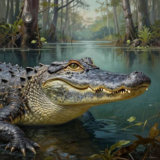 Digital painting of a realistic, detailed alligator with sharp teeth and yellow eyes, partially submerged in a calm, reflective swamp surrounded by dense, misty