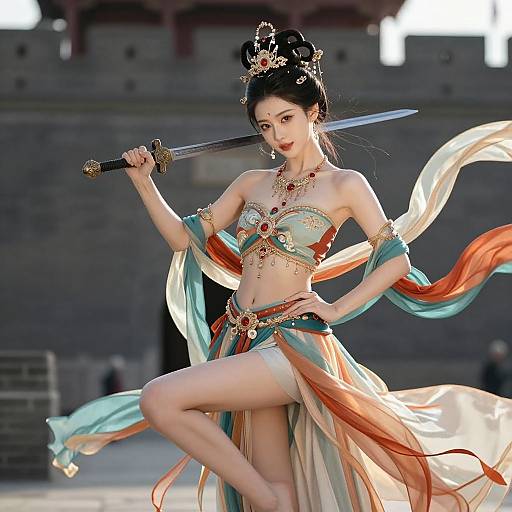 Digital artwork of an Asian woman warrior with black hair in an updo, wearing ornate, flowing turquoise and orange armor, holding a sword, posed