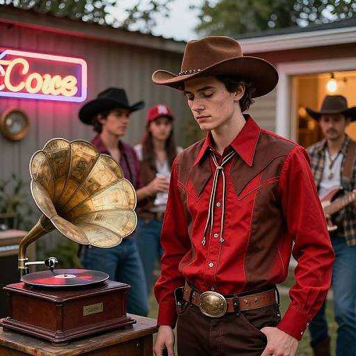 Photograph: Young white man in red and brown cowboy shirt and hat, listening to vintage phonograph, surrounded by other cowboys in front of a