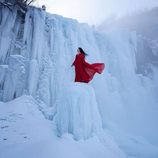 Photograph: Woman in flowing red dress stands on icy cliff, surrounded by towering, crystalline ice formations, with misty white sky above.
