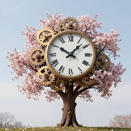 Photograph of a clock tree with pink cherry blossoms, black Roman numerals, and gears integrated into its trunk and branches, set against a clear
