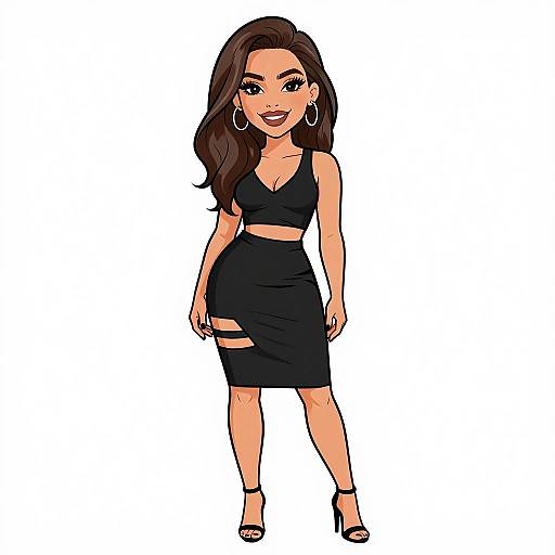 Digital cartoon of a smiling woman with long dark hair, wearing a black crop top and skirt with a side tear, hoop earrings, and high heels,