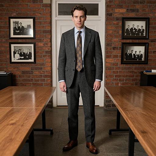 Photograph of a tall, dark-haired man in a gray suit, white shirt, and patterned tie, standing in a brick-walled office with