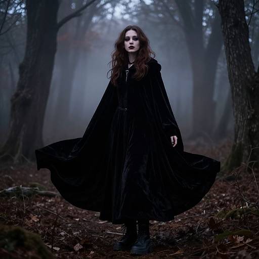 Photograph of a pale, dark-haired woman in a flowing black cloak standing in a foggy, dark forest, with trees and fallen leaves in the