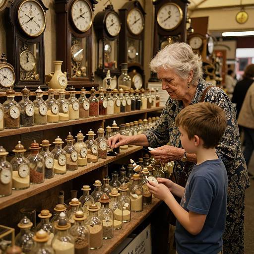 Photograph of an elderly woman with white hair in a patterned dress, and a young boy in a blue shirt, examining glass clock jars in a