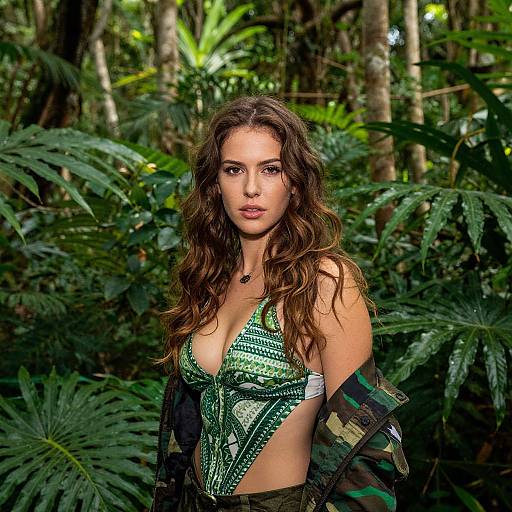 Photograph of a young woman with long, wavy brown hair, wearing a green patterned bikini top and camo jacket, standing in a lush
