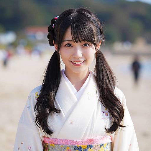 Japanese Woman in White Kimono at the Beach