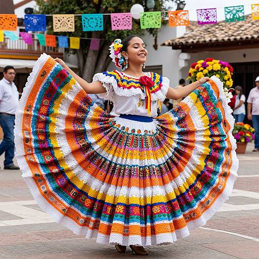 Photograph of a smiling Latina woman in a vibrant, multicolored Mexican folk dress with intricate patterns, performing a traditional dance in a festive street,