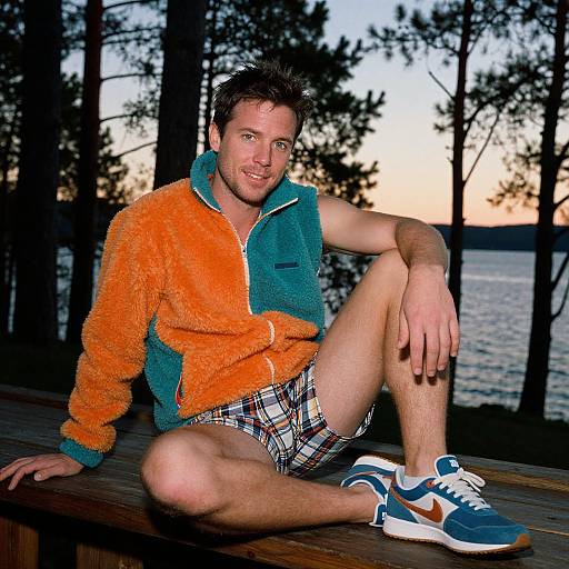 Photograph of a smiling, light-skinned man with short brown hair, wearing an orange-green fuzzy jacket, plaid shorts, and blue sneakers,